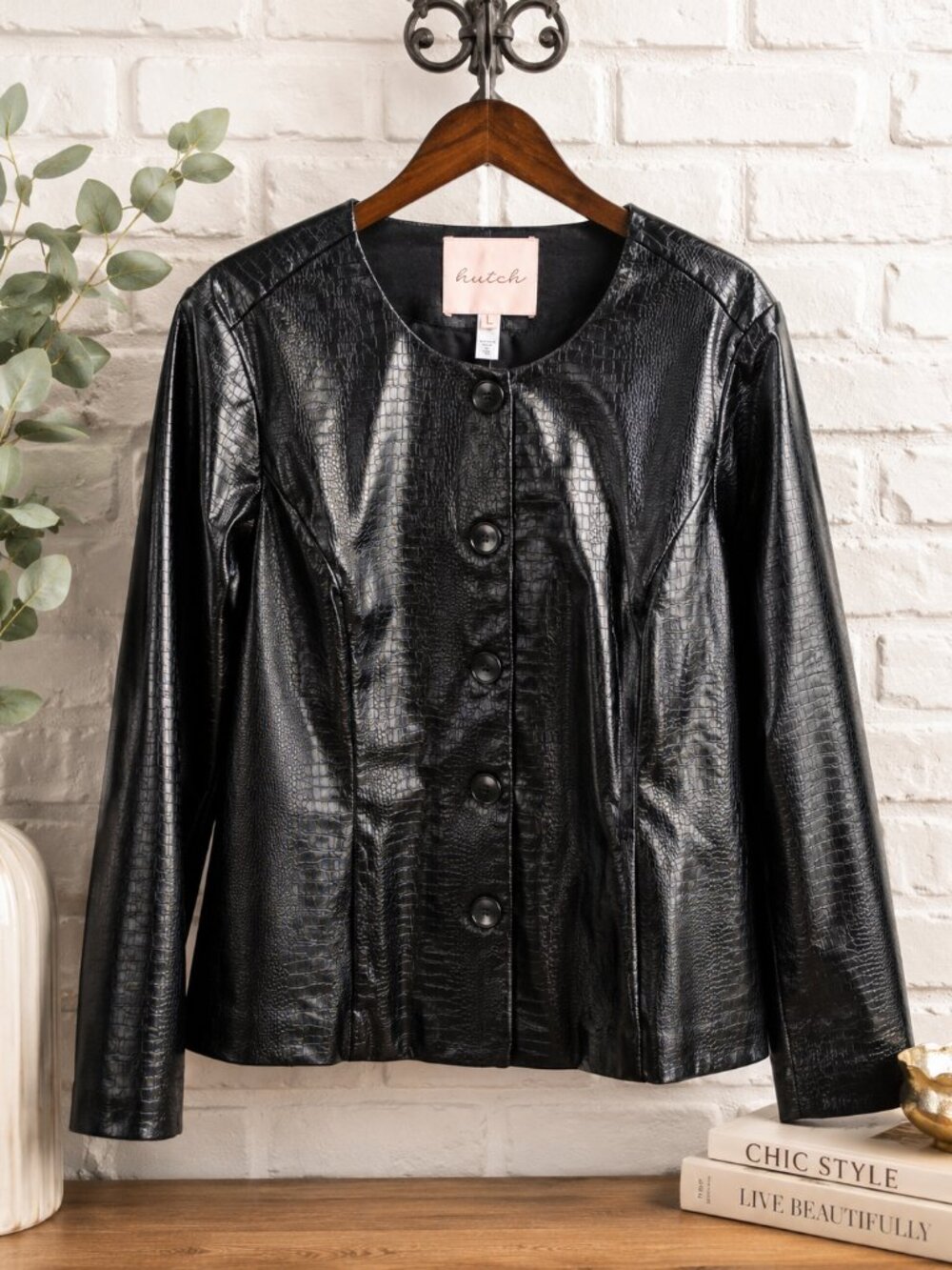 Hutch Black Croc-Embossed Faux Leather Jacket Size L